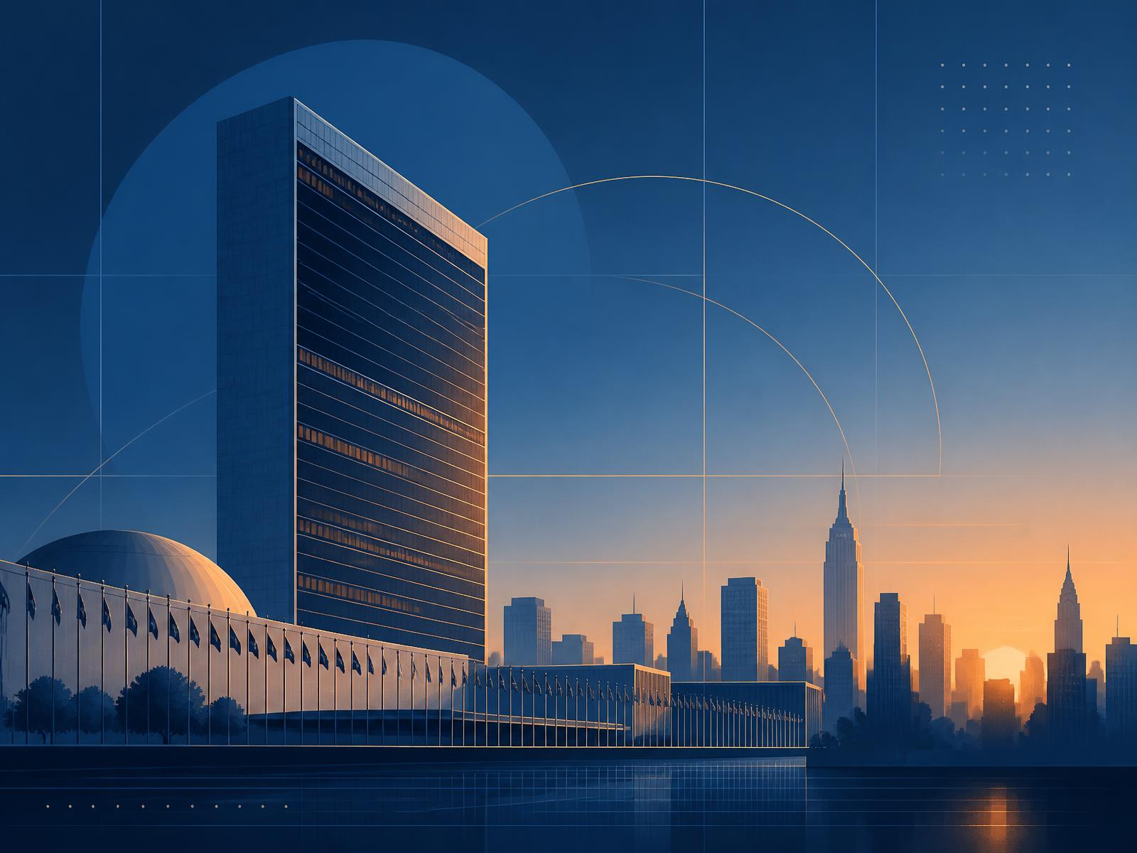 Illustration of the United Nations headquarters against the New York City skyline at dusk